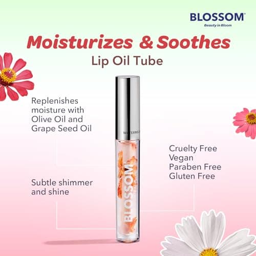 Blossom Moisturizing and Hydrating Shimmer Lip Oil with Real Flowers, Watermelon