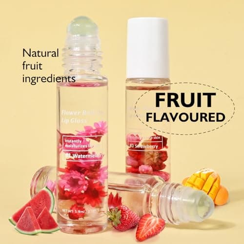 Flower Roll On Lip Gloss, Fruit Flavored Hydrating Lip Tint for Dry Lips