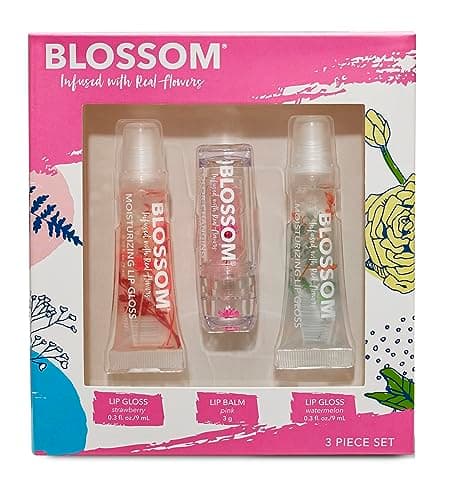 Blossom Scented Roll on Lip Gloss, Moisturizing Lip Gloss Tubes, Floral Scented Cuticle Oil, 3 Pack Gift Set — Strawberry/Pink/Watermelon